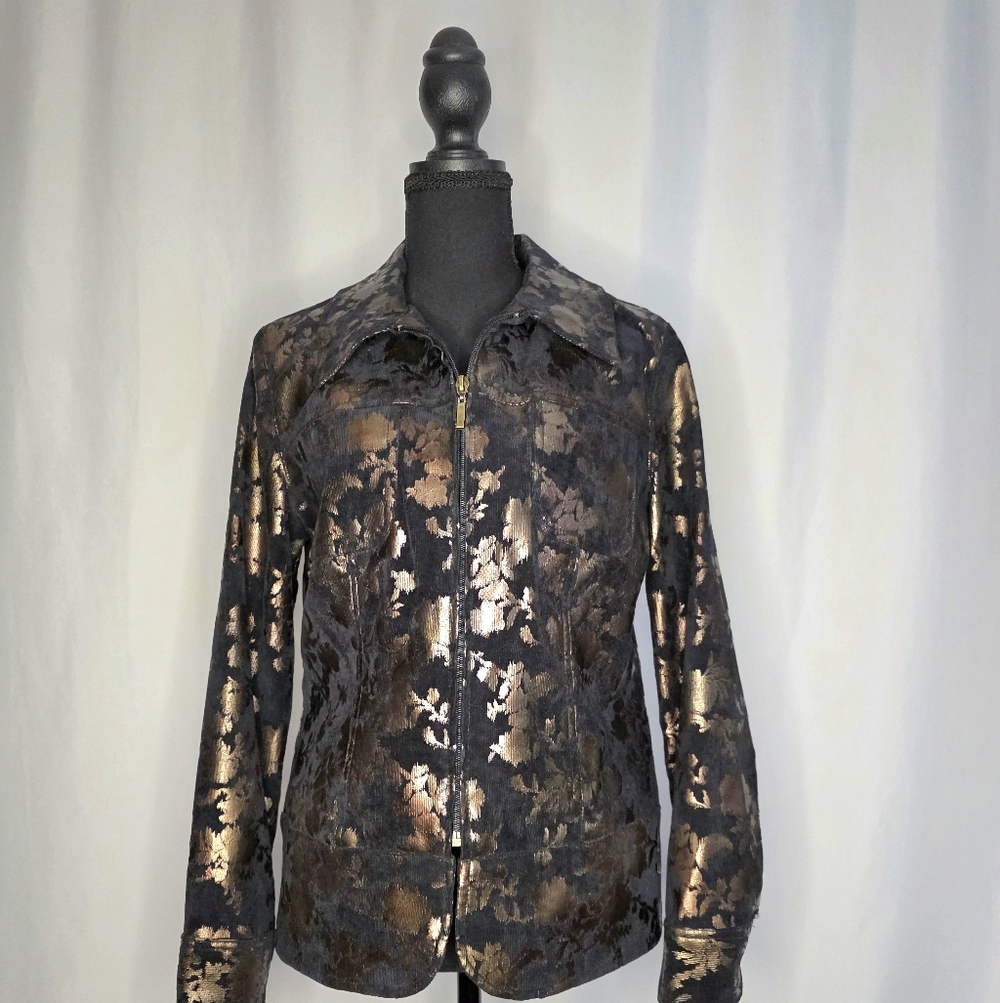 Erin London Vintage Metallic Floral Zip Jacket – Black & Gold Statement Jacket